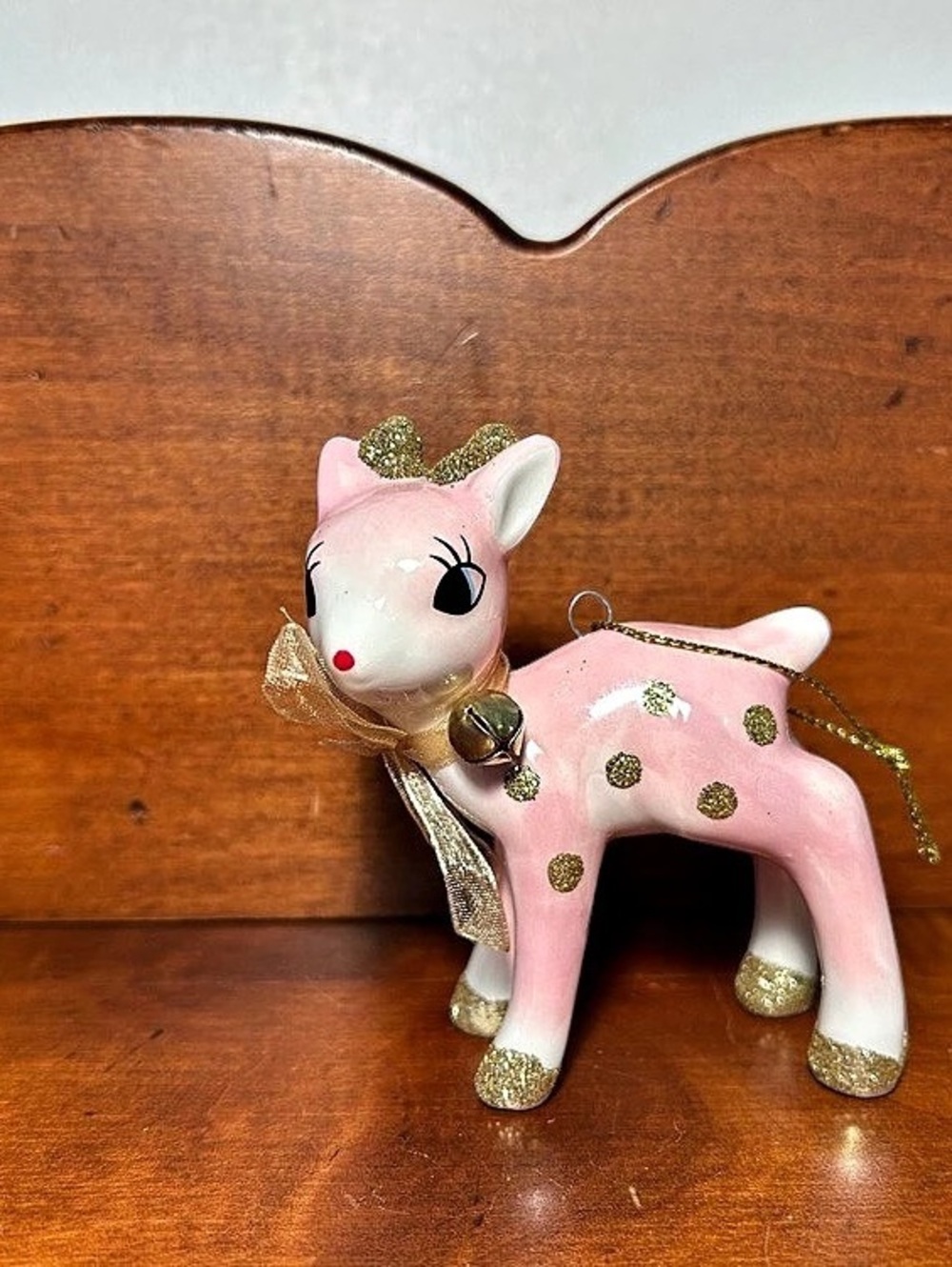 Quantity 1 - Pink White & Gold Glitter Deer Ornament 3” long x 1.5” depth x 3.5”